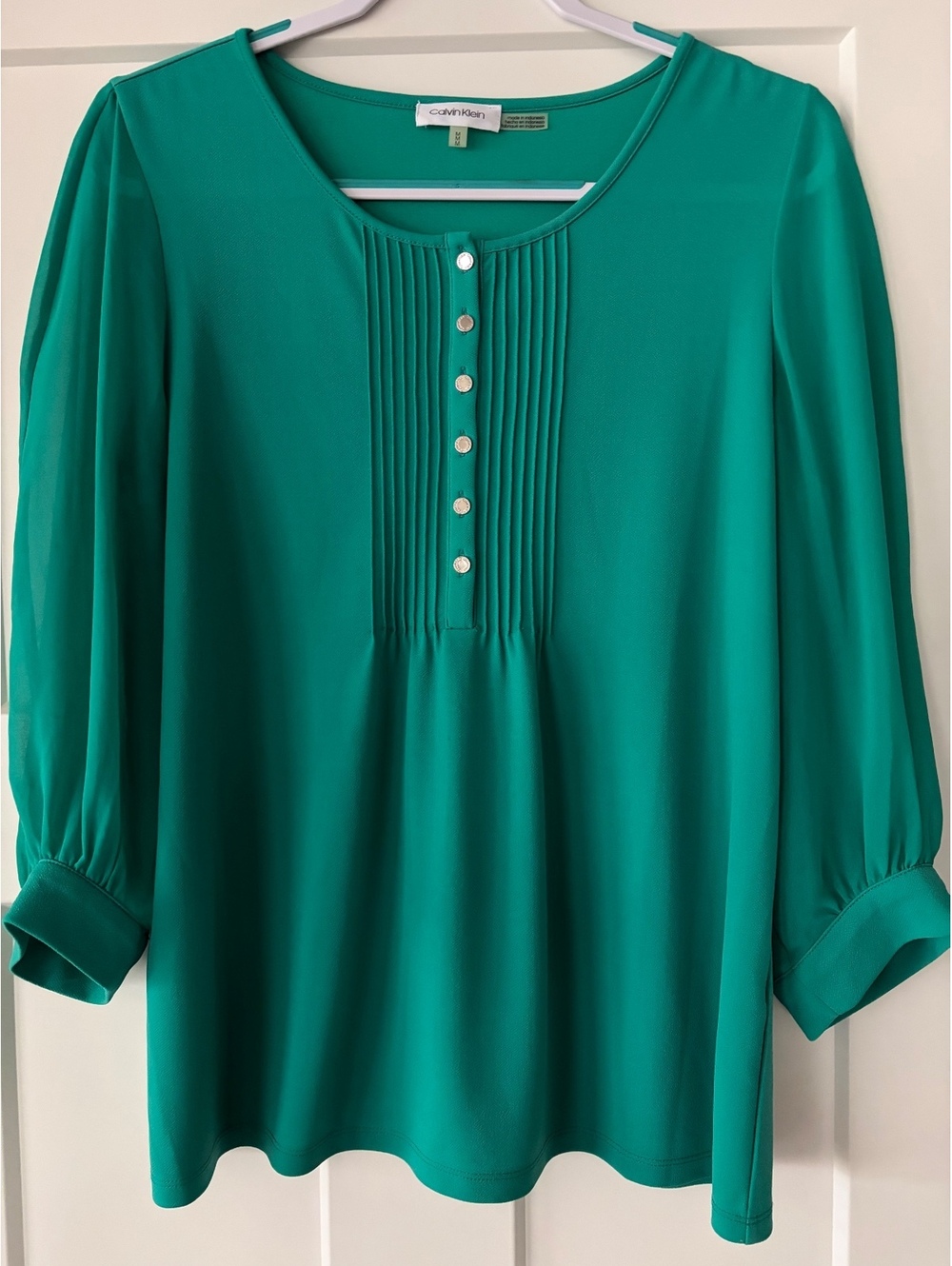 Calvin Klein pintuck henley blouse, green/teal, size M